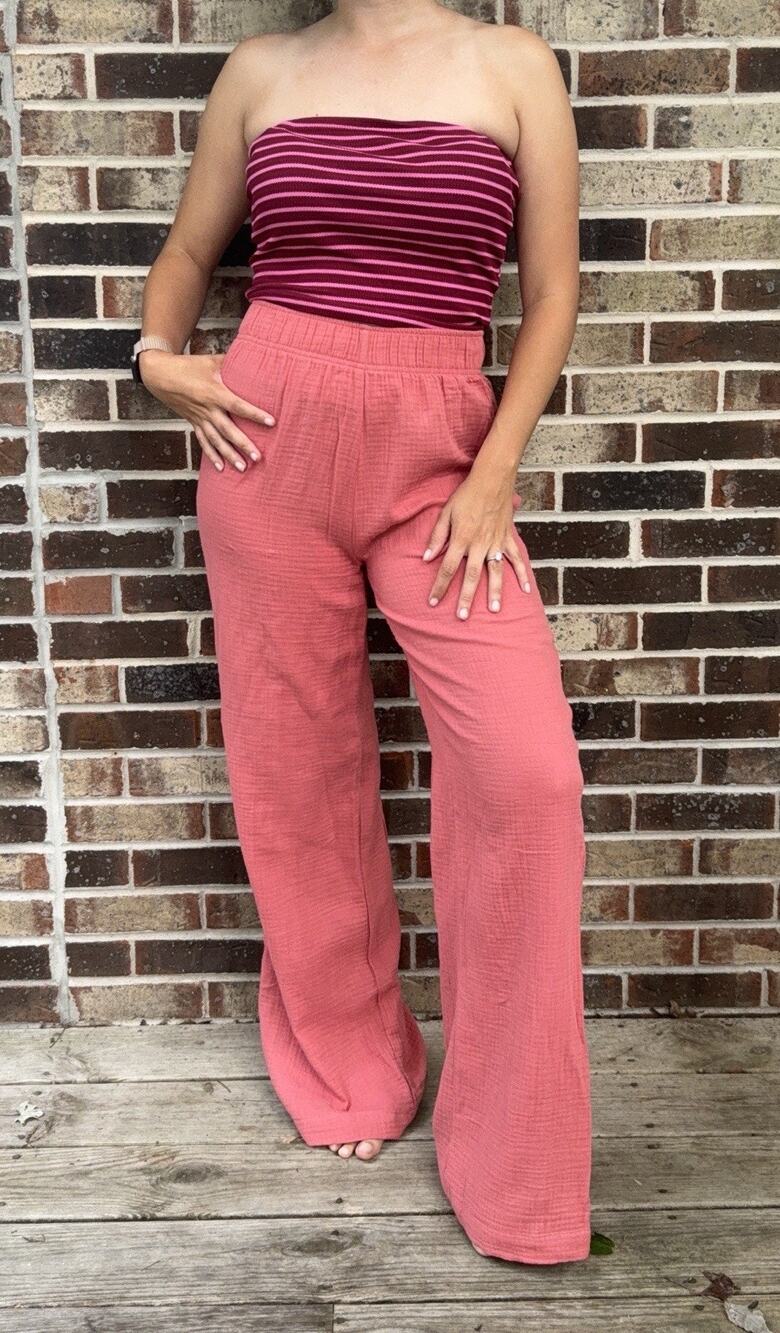 NWT True Craft Women’s Pink 100% Cotton Wide-Leg Pants S Long Pull On Pockets